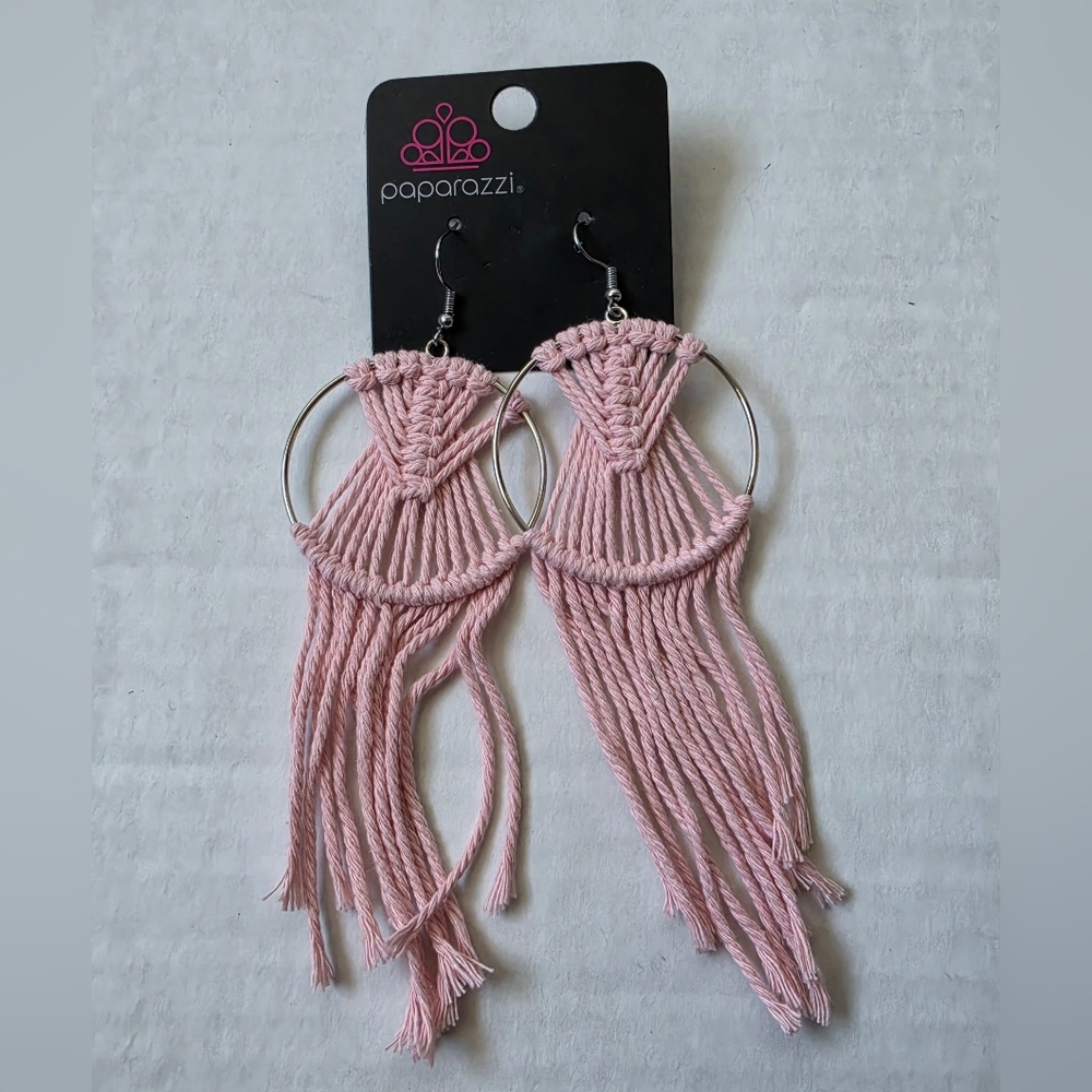 paparazzi Blush Pink Macramé Fringe Hoop Earrings